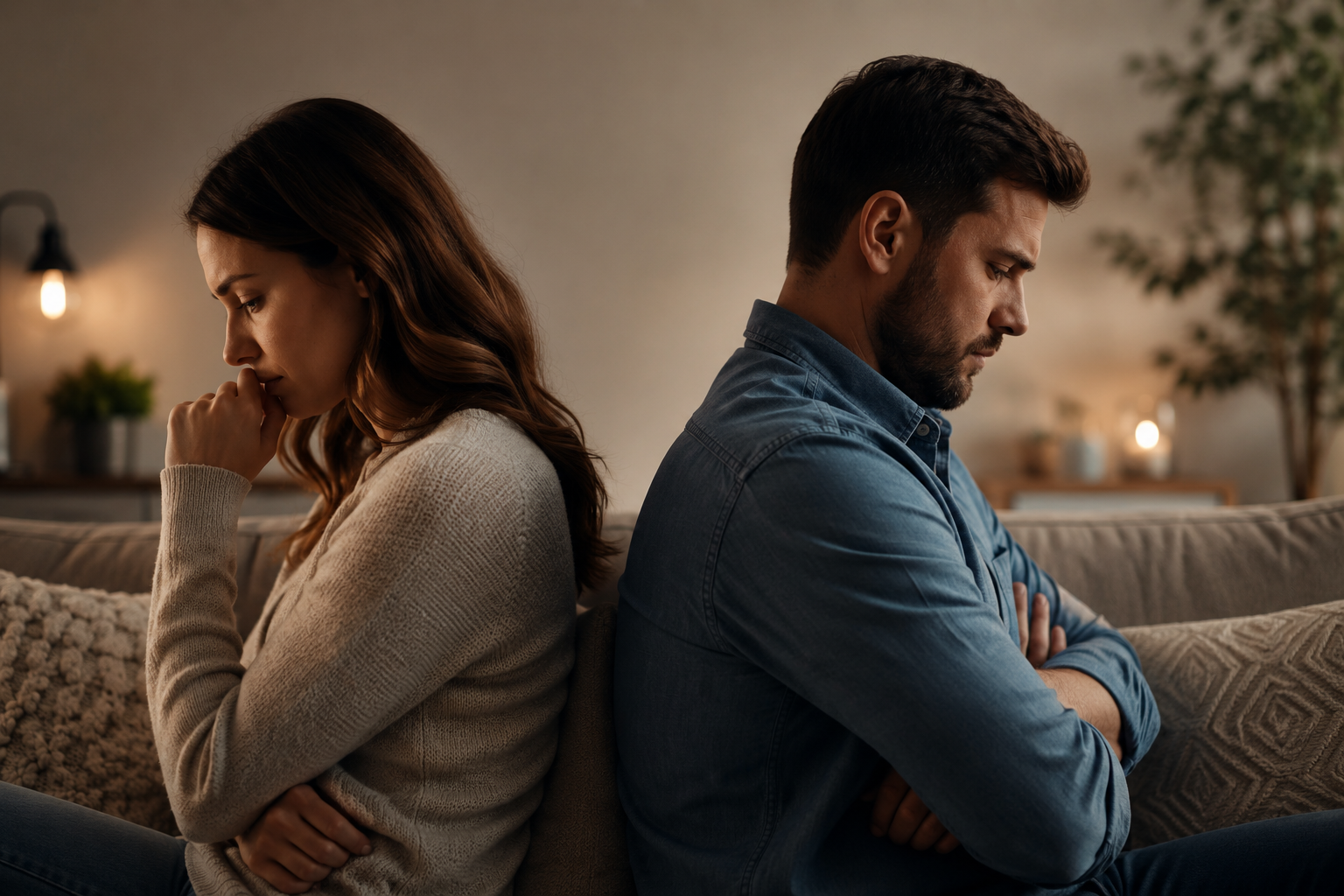 Couple sitting apart after relationship conflict discussing emotional affair and physical infidelity during Christian marriage counseling.