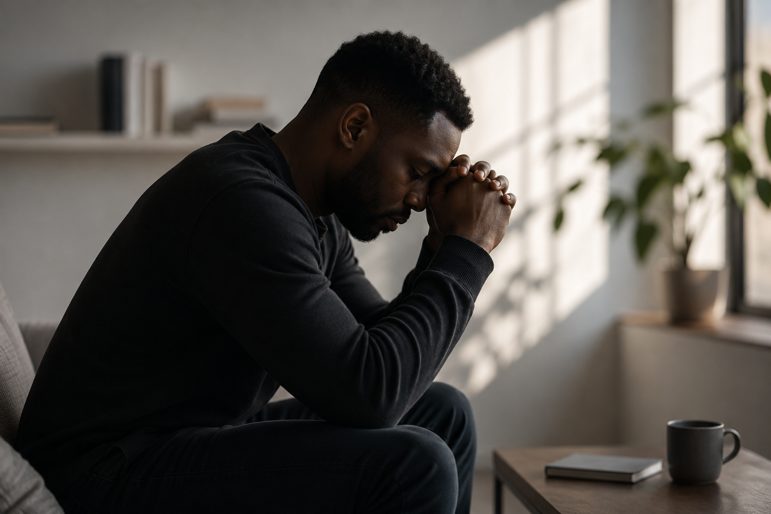 Man sitting thoughtfully in a living room representing perfectionism, self-criticism, and feelings of not being good enough.