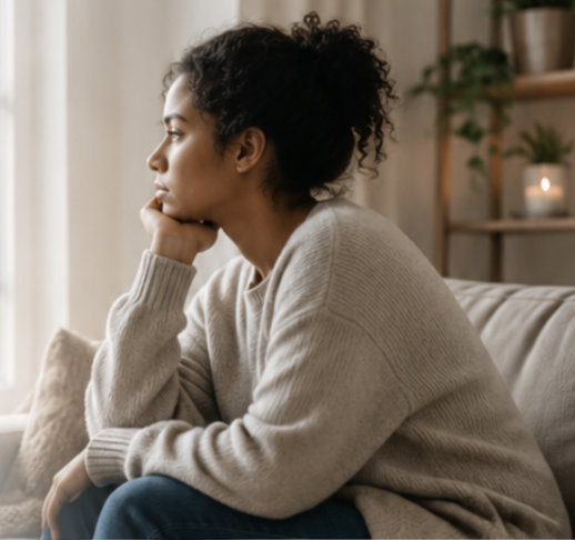 Woman sitting thoughtfully by a window representing hope and healing through Christian counseling for depression.