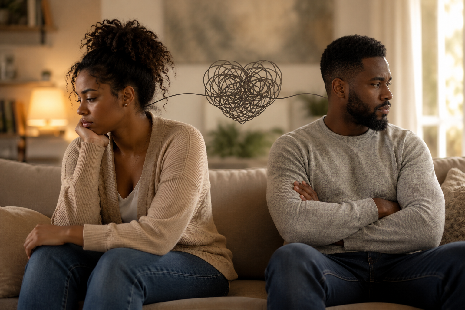 Couple sitting together representing communication challenges and negative relationship cycles in marriage counseling.