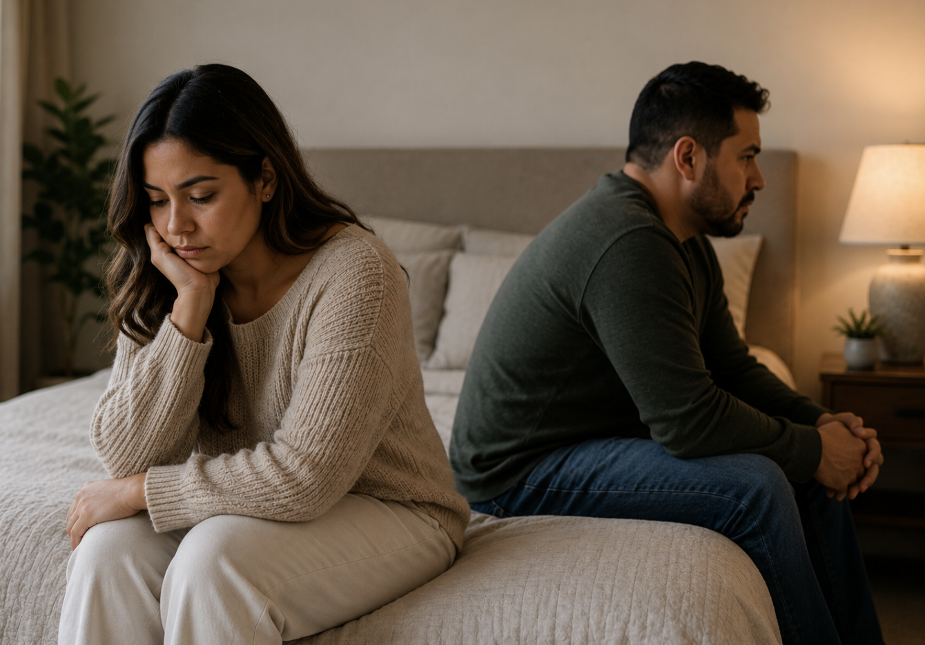Married couple experiencing emotional distance and loneliness while sitting together at home.