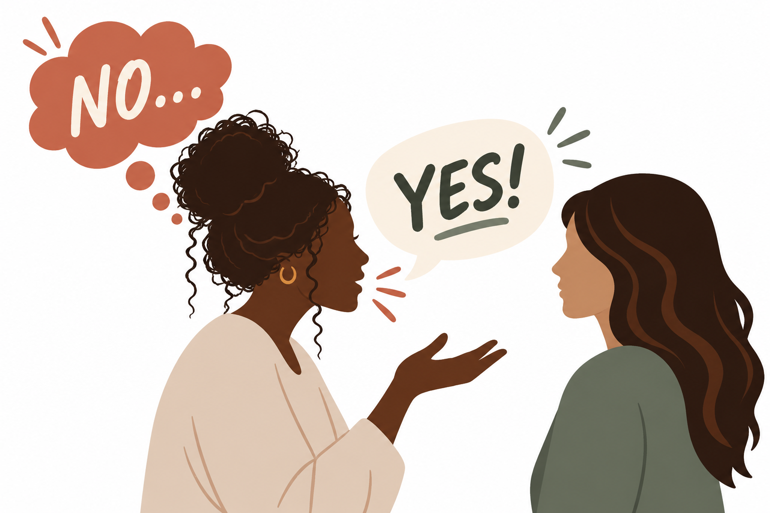 Silhouette saying yes to another person while thinking no, illustrating people-pleasing and difficulty setting boundaries.