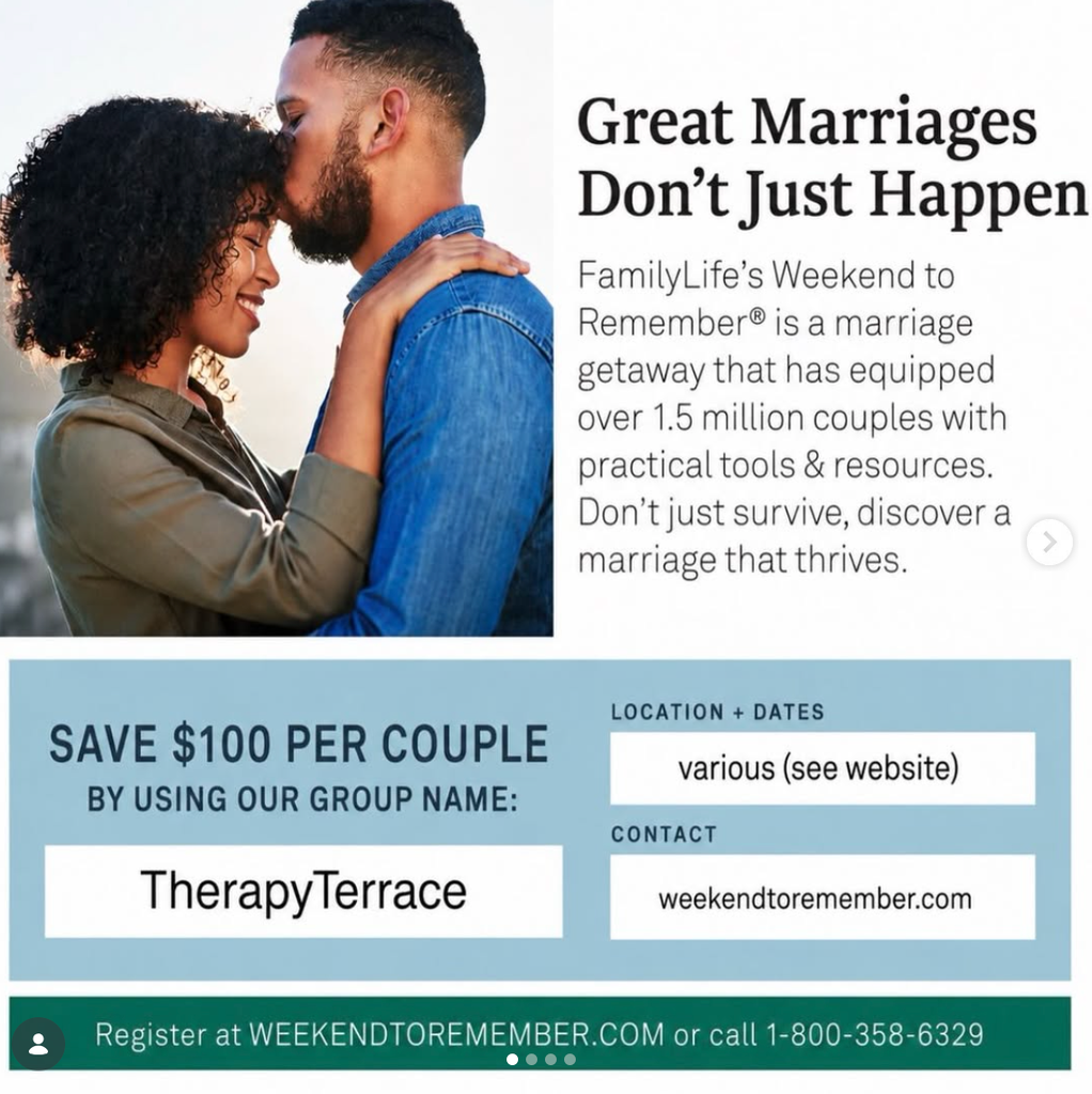 Weekend to Remember Christian marriage getaway partnership with Therapy Terrace offering couples $100 savings